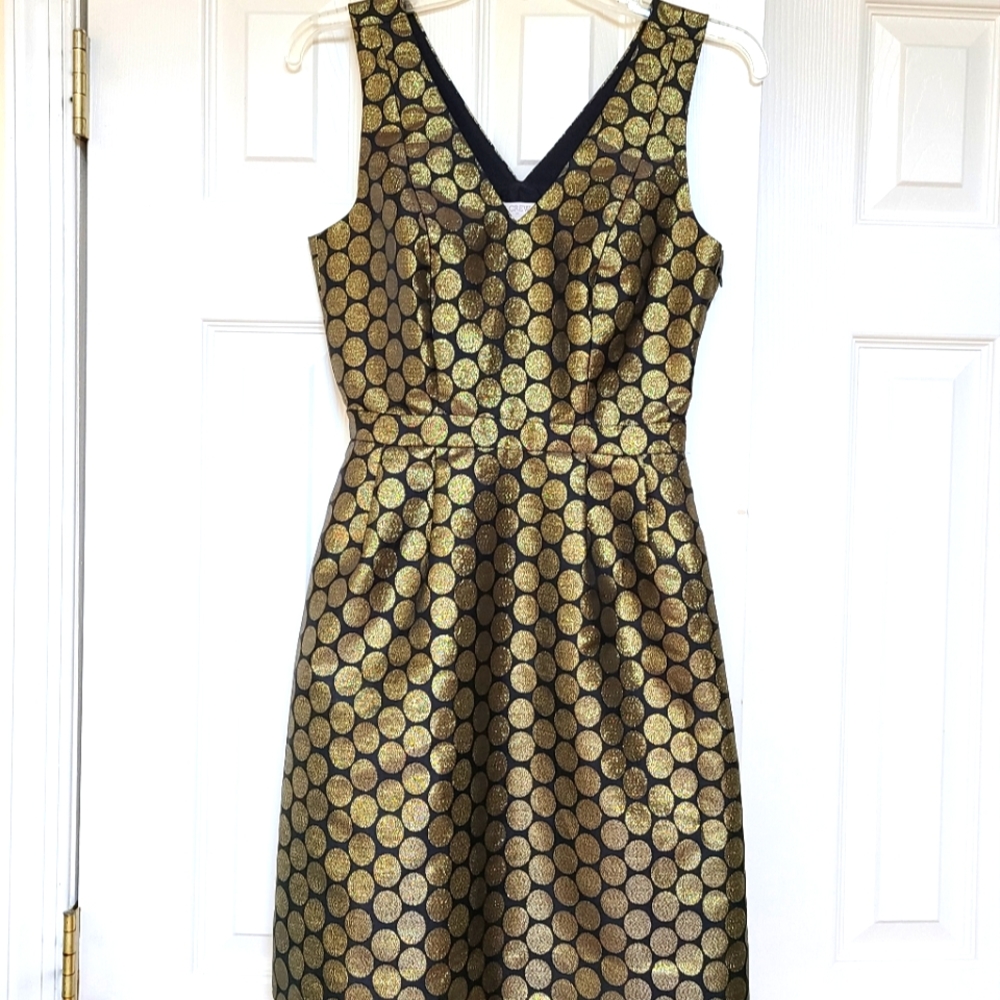 J. Crew Black and Gold Metallic Jacquard Dot Print V-neck Cocktail Dress Sz 00